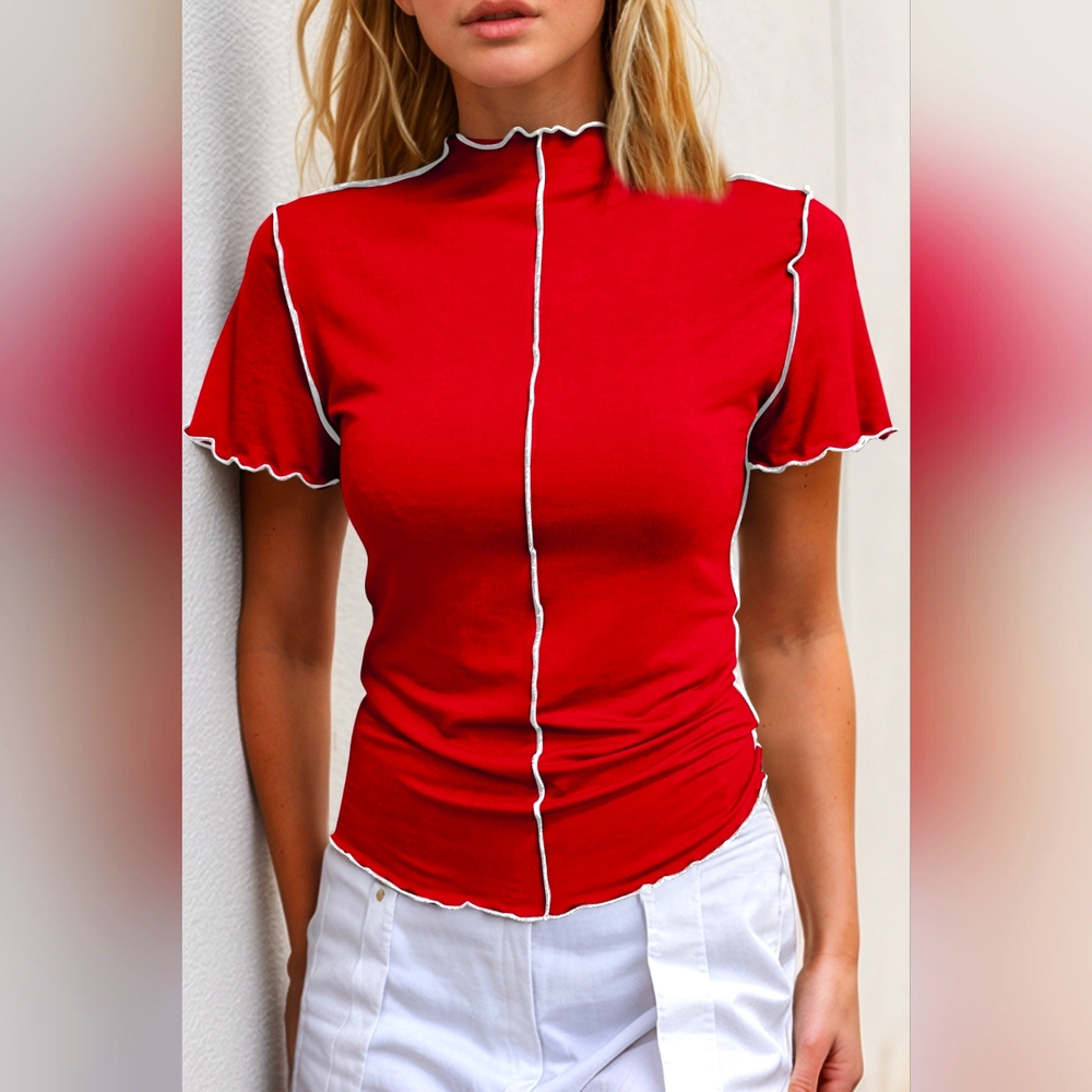 Basic Bae Contrast Trim Mock Neck Short Sleeve T-Shirt